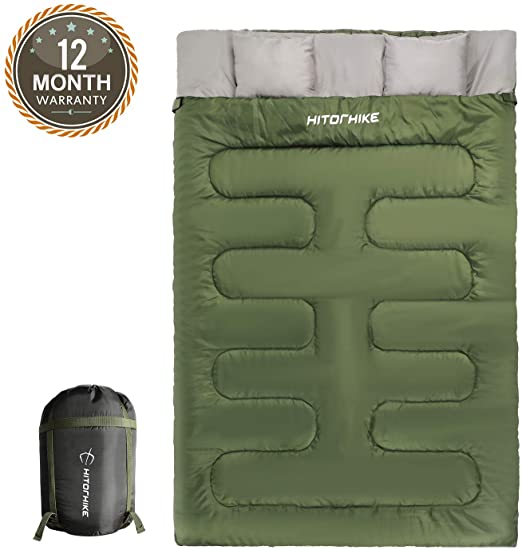 HITORHIKE Double Sleeping Bag with Pillows for Camping, Hiking, Traveling, Backpacking, Queen Size XL Lightweight 2 Person Sleep