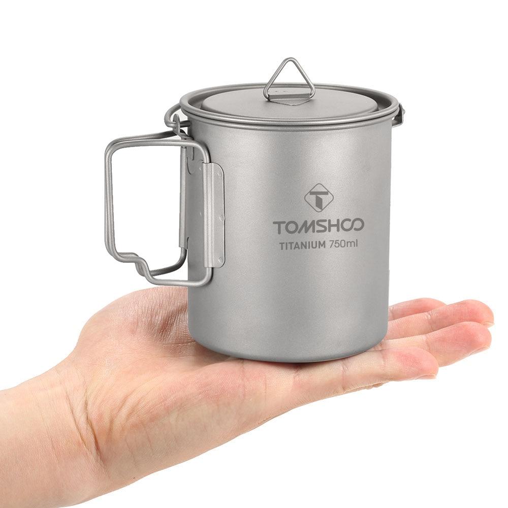 TOMSHOO Ultralight 750ml Titanium Pot Portable Titanium Water Mug Cup with Lid and Foldable Handle Outdoor Camping Cooking Pot