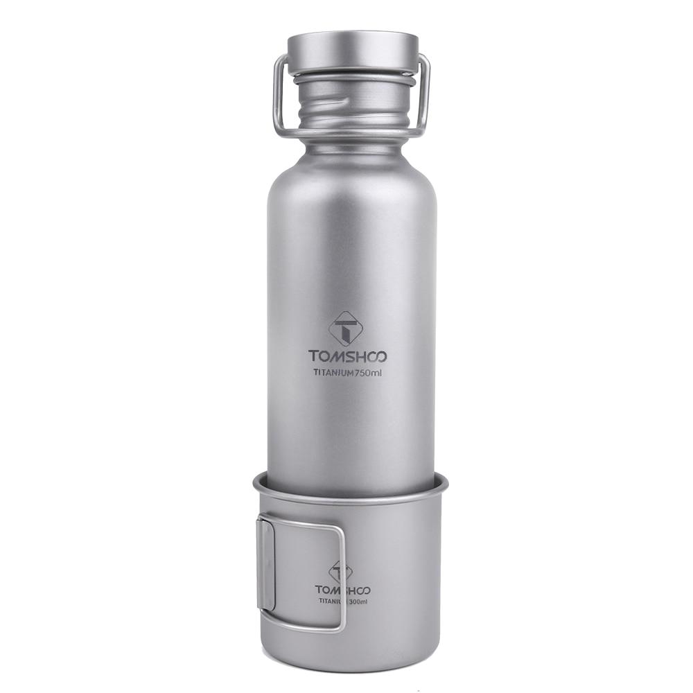 TOMSHOO 750ml Full Titanium Water Bottle w Extra Plastic Lid Ultralight Outdoor Camping Hiking Cycling Water Bottle for drinking