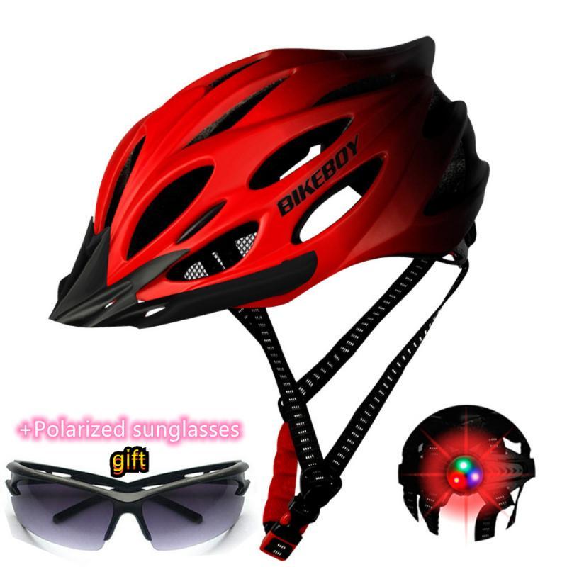 Bicycle Helmet With Taillight Breathable Anti-collision Bike Safety Helmet All-terrain Ultralight Mtb Cycling Helmets+Sunglasses